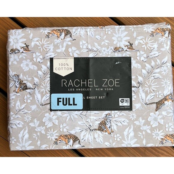 Rachel Zoe FULL Sheet Set 100% Cotton Tiger Print On Beige White Floral New - Picture 1 of 5